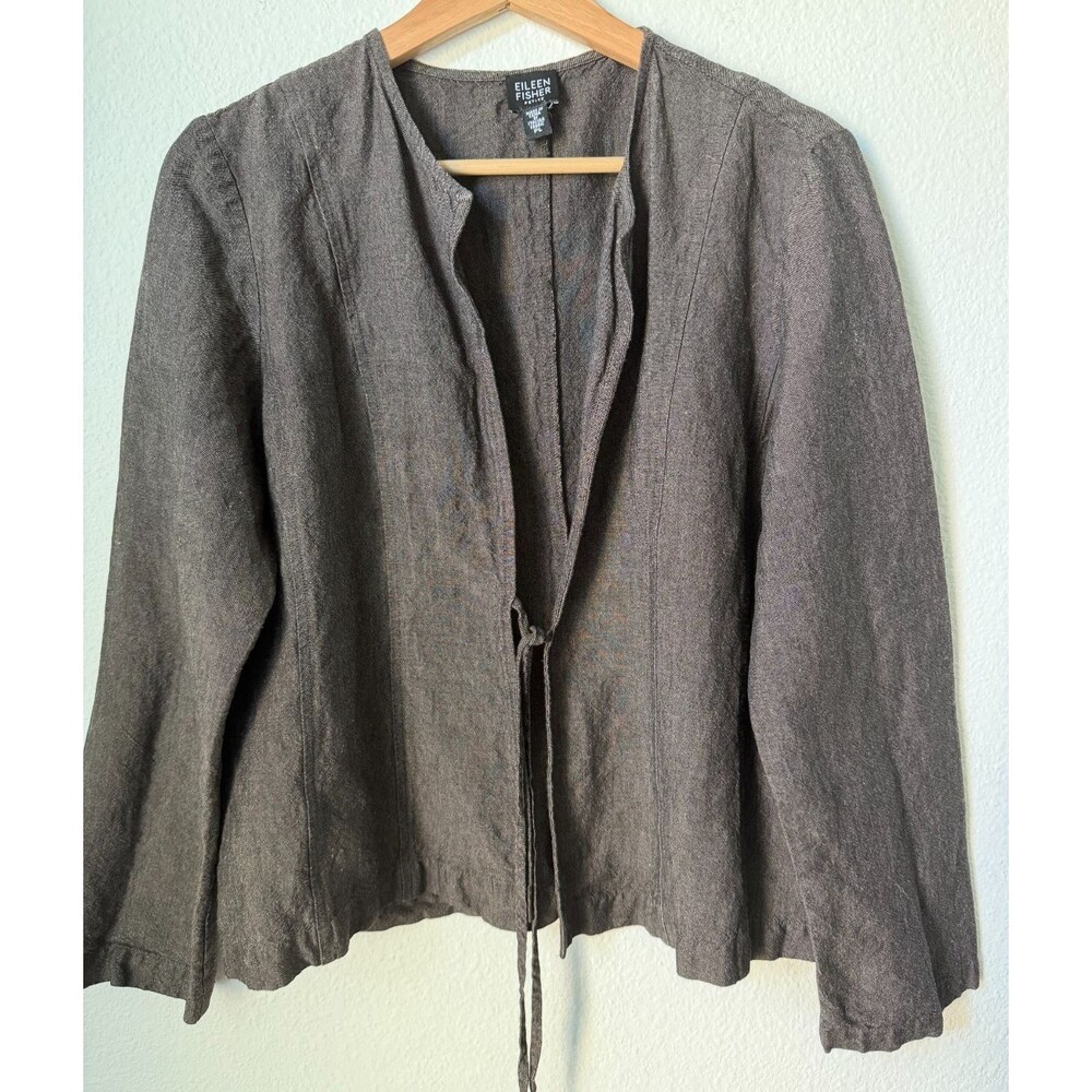 Eileen Fisher Jacket Womens Petite Large Brown Linen Blend Kimono Tie Front - Picture 3 of 10